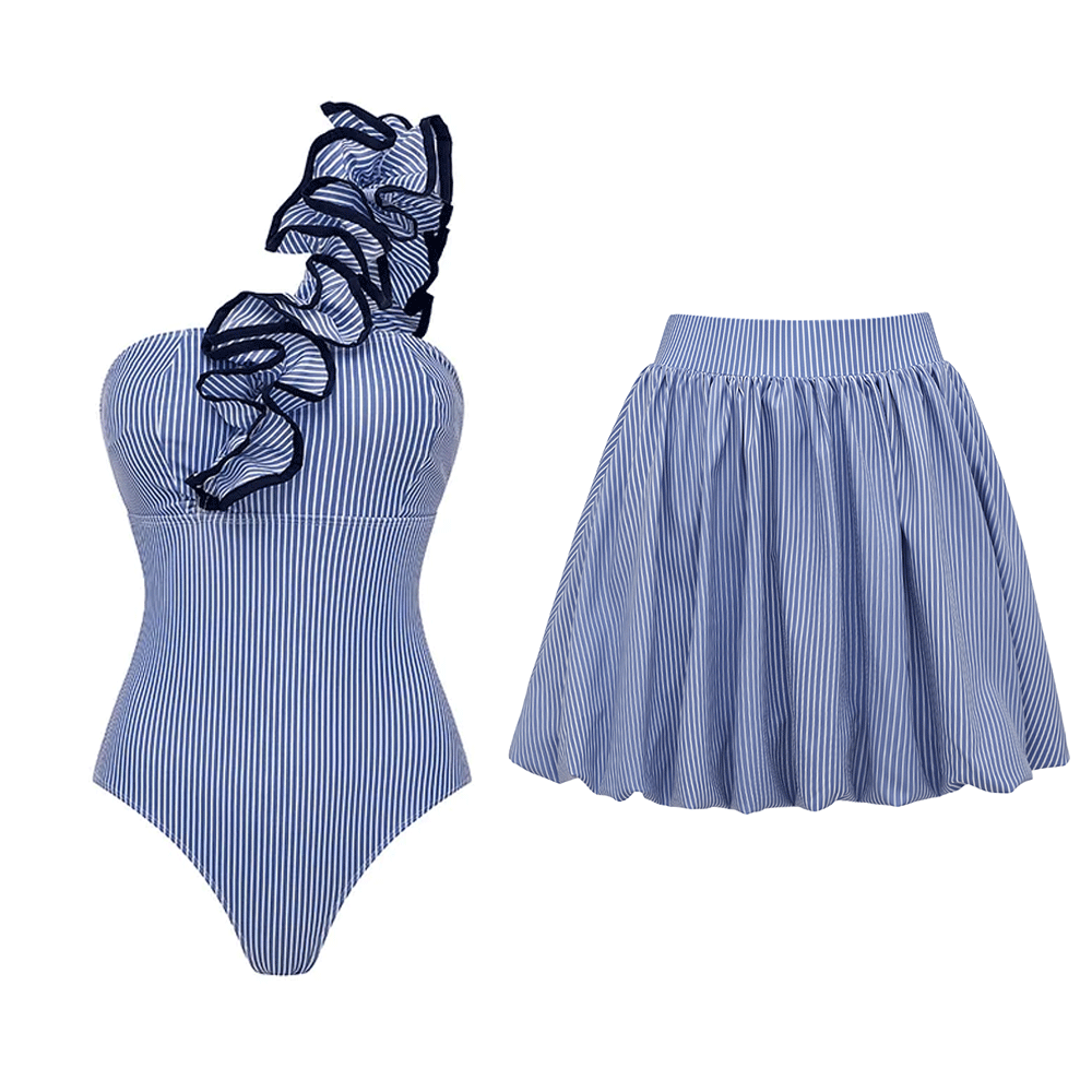 One Shoulder Ruffle Stripe Print One Piece Swimsuit and Skirt