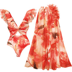 Plus Size Ruffle Shoulder Flower Print One Piece Swimsuit and Skirt