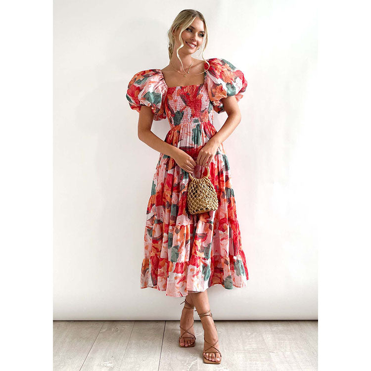 Off Shoulder Puff Sleeve Midi Dress