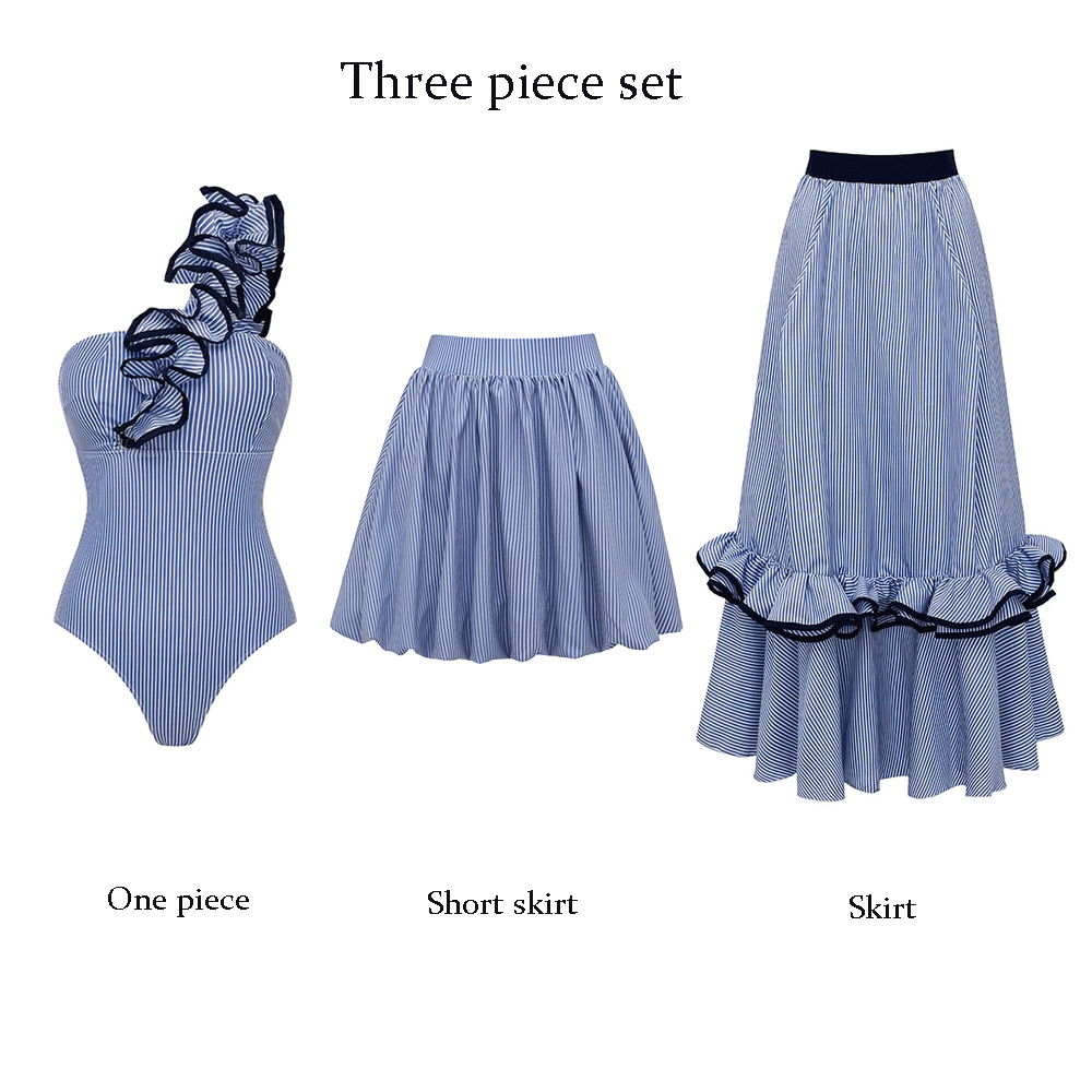 One Shoulder Ruffle Stripe Print One Piece Swimsuit and Skirt