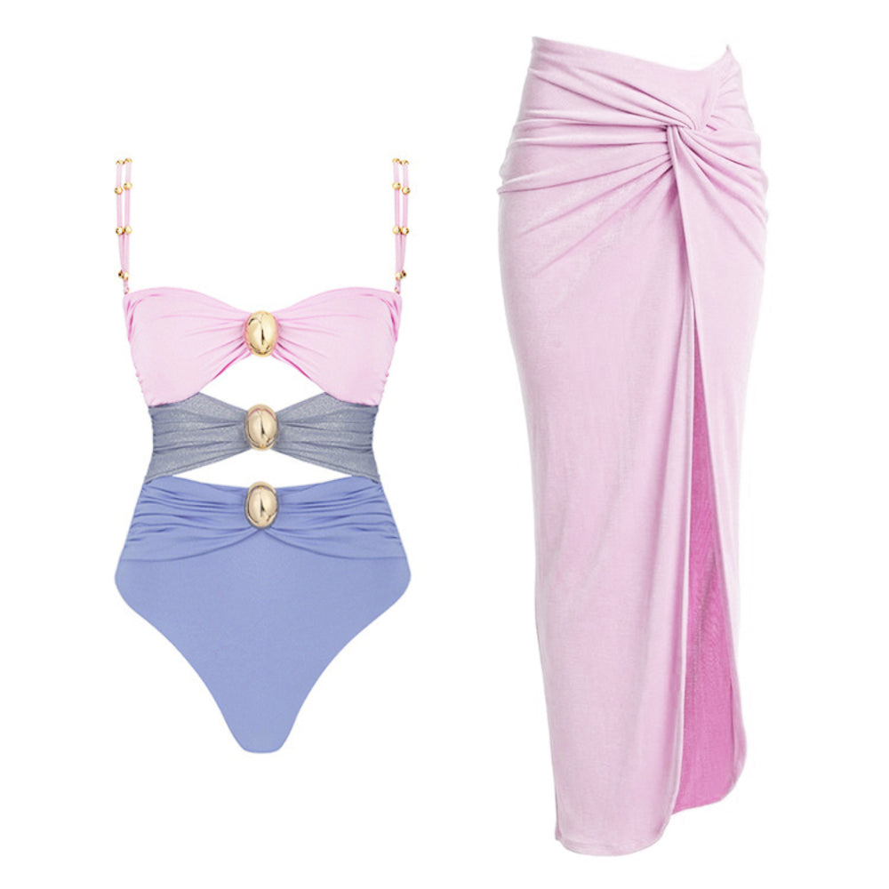 Plus Size Color Block Cutout Removable Strap One Piece Swimsuit and Sarong Flaxmaker