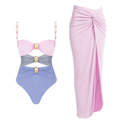 Plus Size Color Block Cutout Removable Strap One Piece Swimsuit and Sarong Flaxmaker
