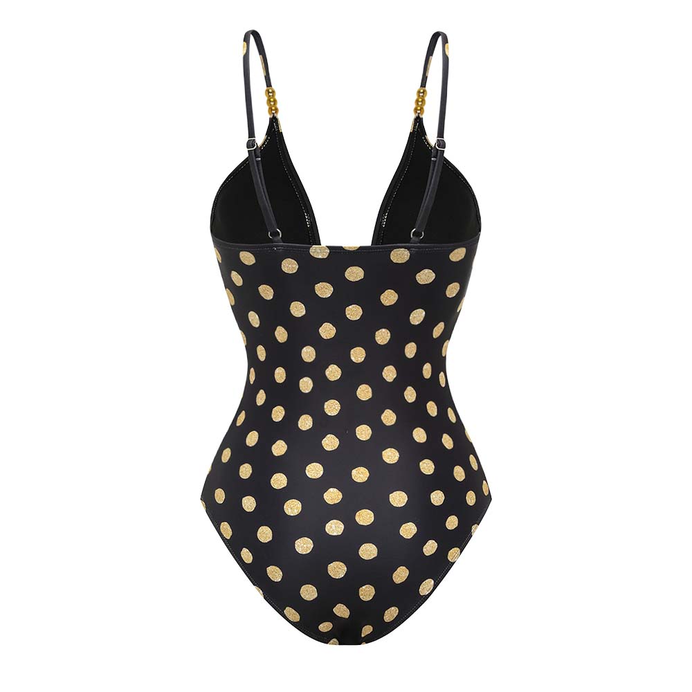 Plus Size Black and Gold Polka Dots V-neck One Piece Swimsuit and Skirt