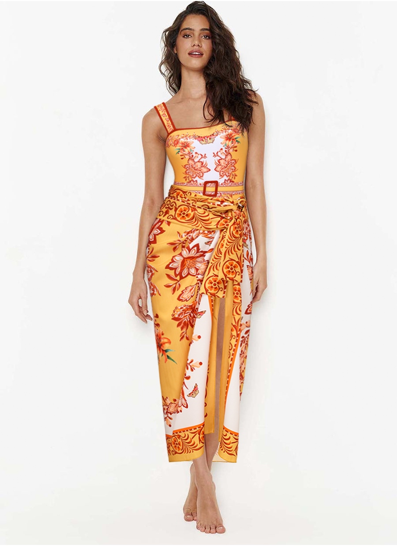 Sling Creative Flower Butterfly Lily Print One Piece Swimsuit and Sarong or Pants