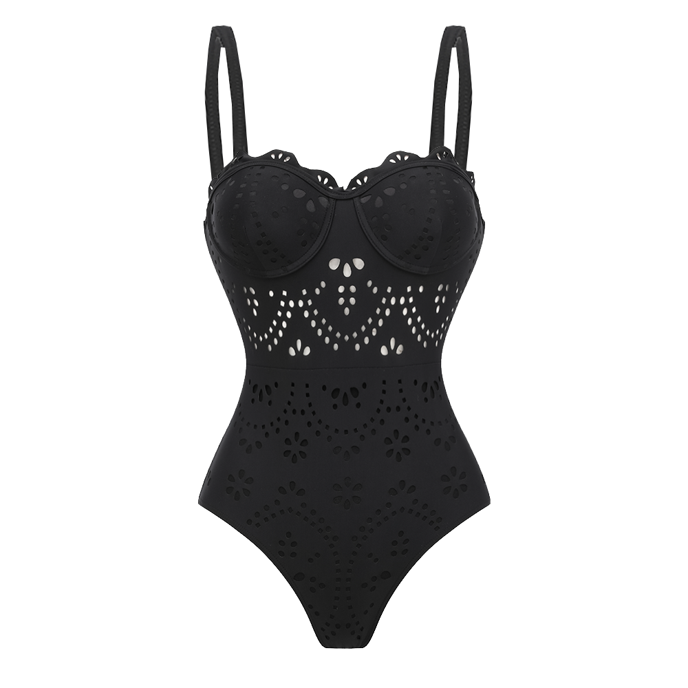Black Laser Cut Hollow One Piece Swimsuit and Skirt