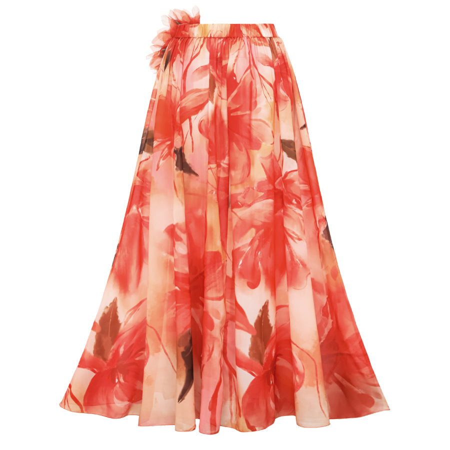 Plus Size Ruffle Shoulder Flower Print One Piece Swimsuit and Skirt