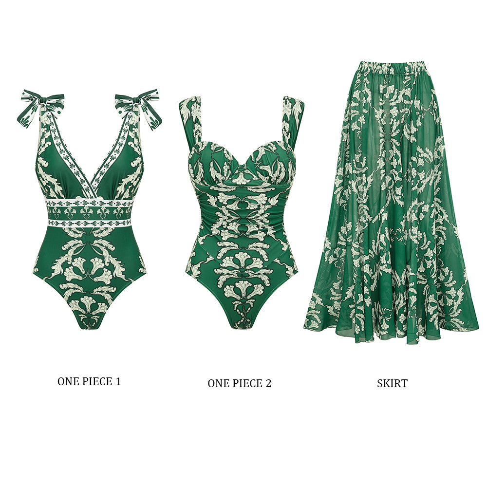 Plus Size V Neck Lace Up Printed One Piece Swimsuit and Skirt
