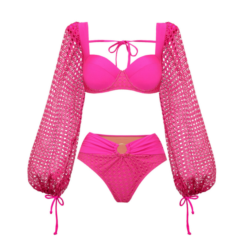 Mesh Hollow Splicing Long-sleeved Underwired Bikini Swimsuit and Sarong