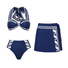 Navy Style Printed Bow Tie Decor Bikini Swimsuit and Skirt