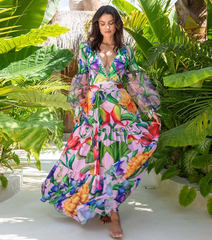 Plus Size V-neck Long Sleeve Flowers Printed One Piece Swimsuit and Skirt