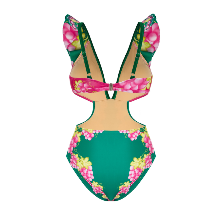 Plus Size Ruffled Deep V Cutout Retro Green Grapes Print One Piece Swimsuit and Skirt