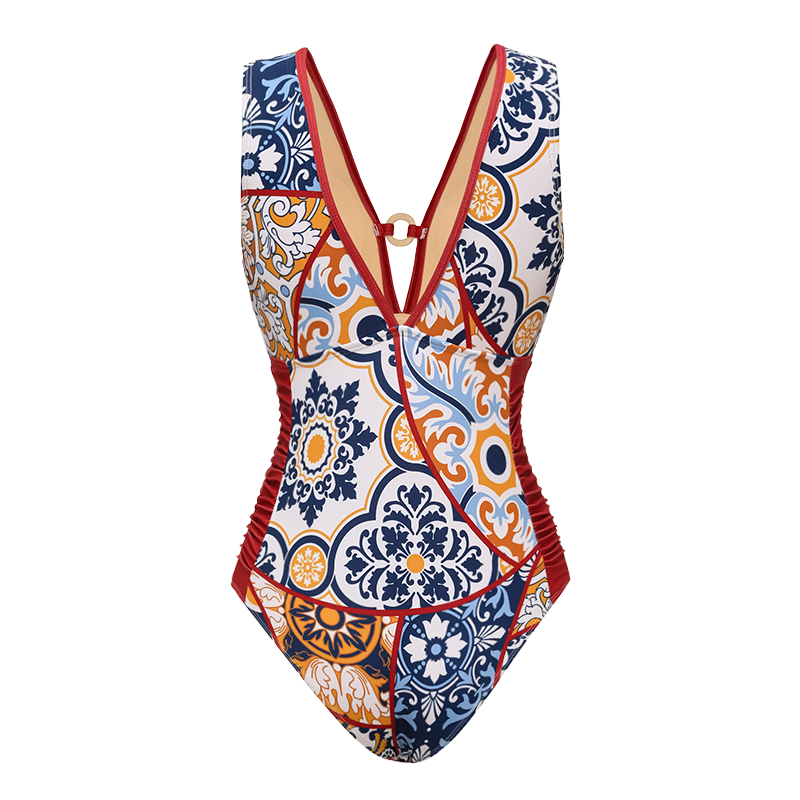 Plus Size V Nack Printed One Piece Swimsuit and Sarong Flaxmaker