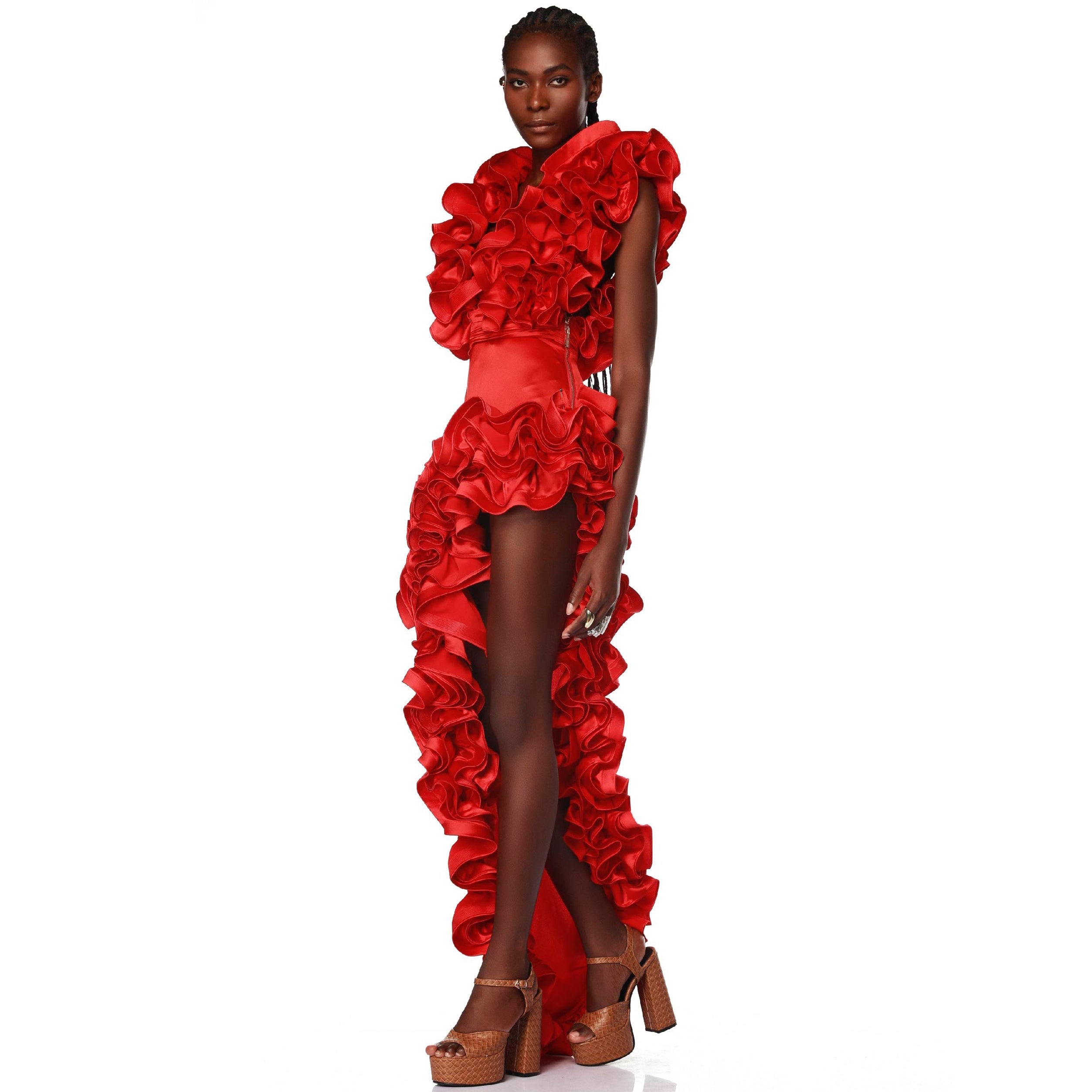 Plus Size Red Flower Frilled V Neck One Piece Swimsuit and Skirt