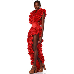 Plus Size Red Flower Frilled V Neck One Piece Swimsuit and Skirt