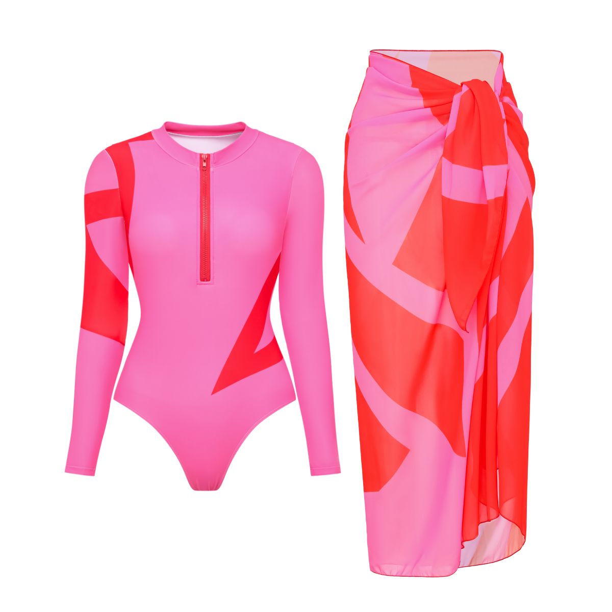 Plus Size Rash Guard Long Sleeve Zip Front Pink One Piece Surf Swimsuit and Sarong Flaxmaker