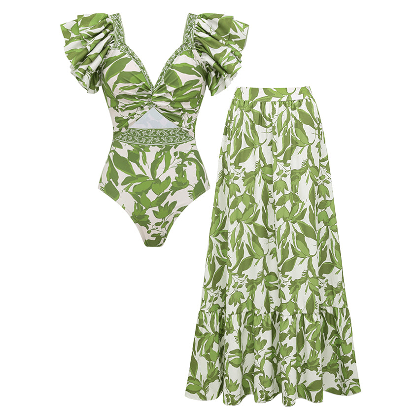 Plus Size Ruffle V Neck Green Print Cut Out Swimsuit Set(s)