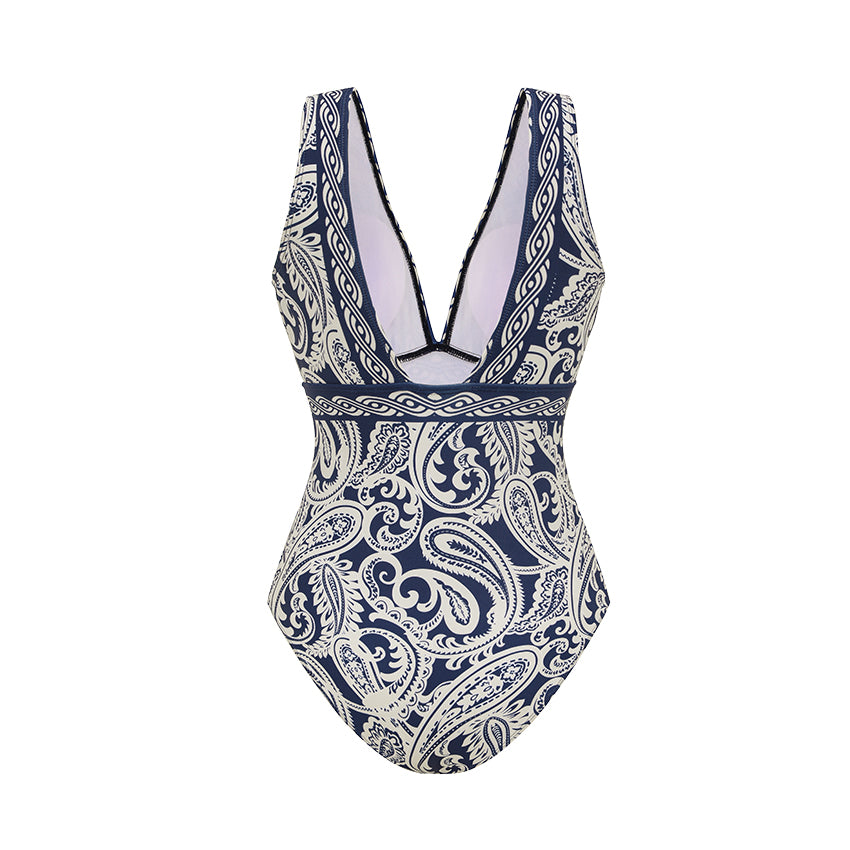 Plus Size V Neck Blue Paisley Print Swimsuit Set(s)
