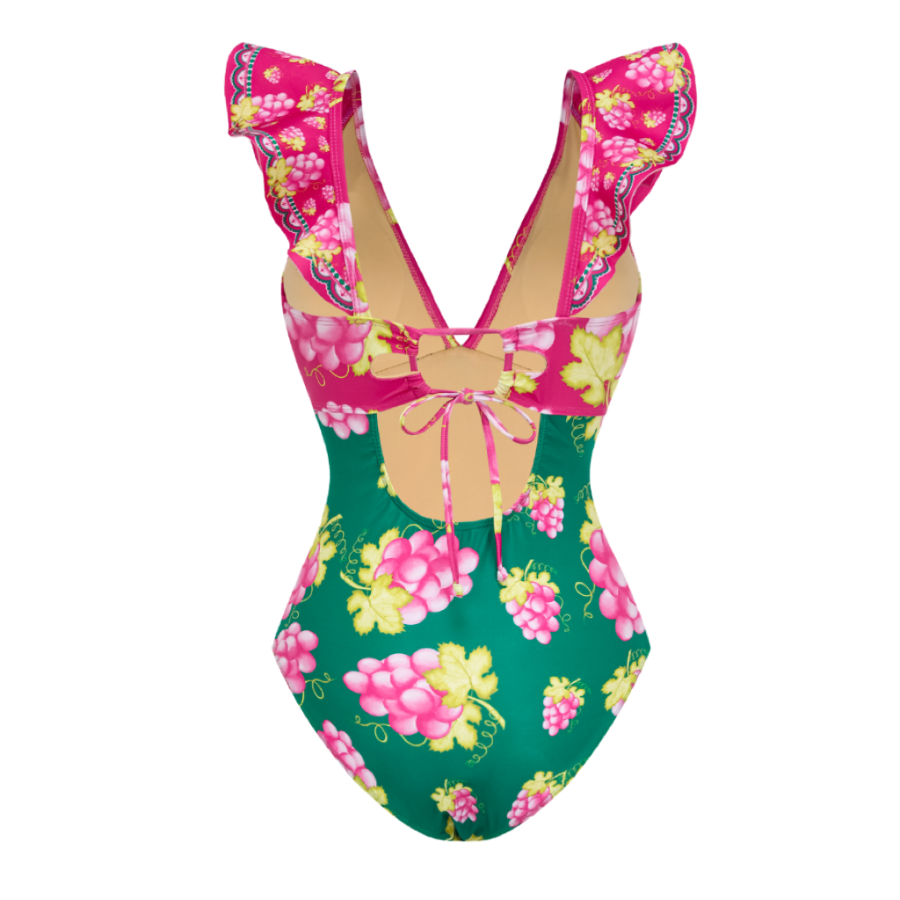 Plus Size Ruffled Deep V Retro Green Grapes Print One Piece Swimsuit and Skirt