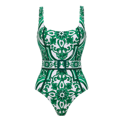 Classic Majolica Series Pattern Print One Piece Swimsuit and Pants or Skirt