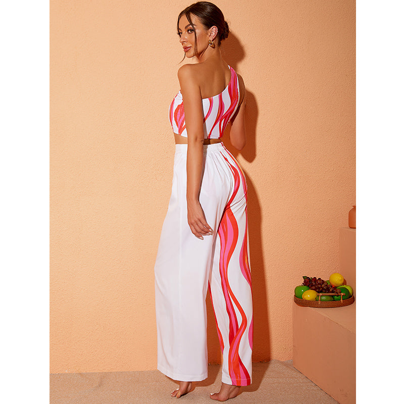 One Shoulder Printed Bikini Swimsuit and Pants Flaxmaker
