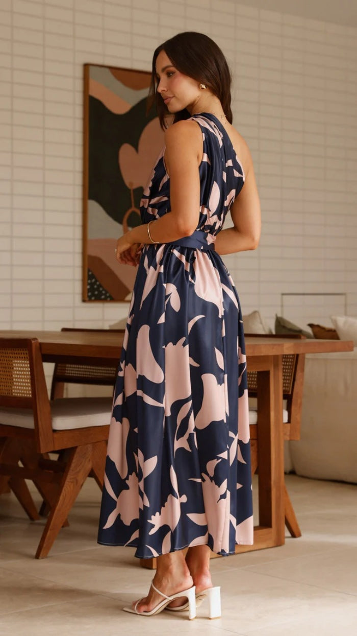 Oblique Shoulder Printed Dress