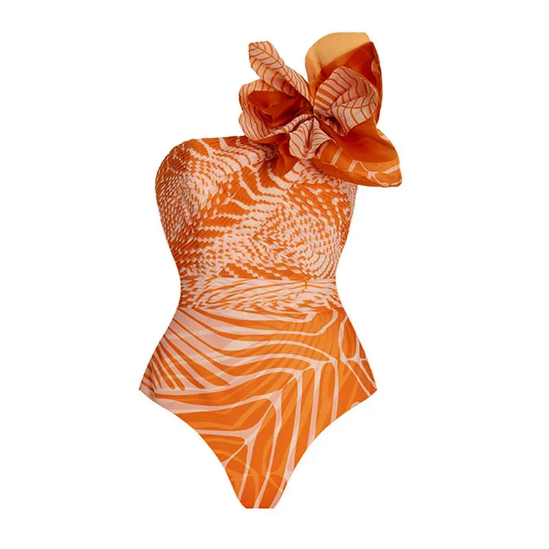 Plus Size 3D Flower Printed One Piece Swimsuit and Skirt Flaxmaker