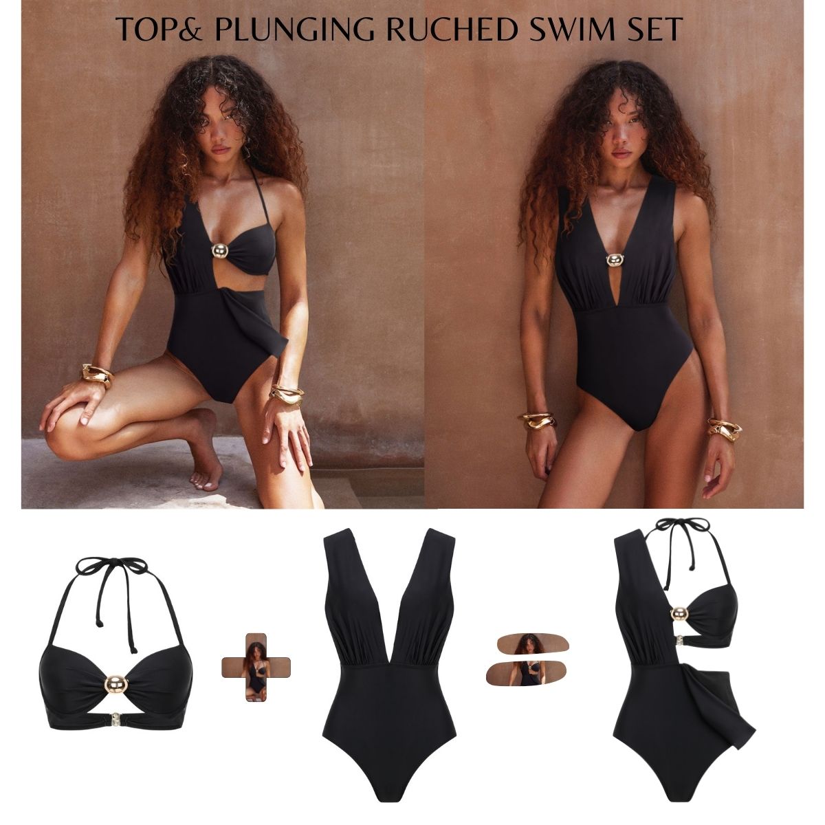 Plus Size Bikini & Plunging Ruched Swim Set