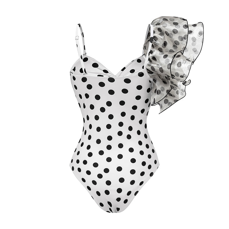Plus Size One Shoulder Ruffle Dot Printed Cut Out One Piece Swimsuit and Skirt Flaxmaker