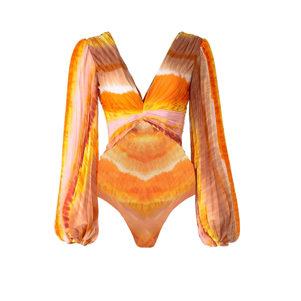 Plus Size V Neck Chiffon Long Sleeve Orange One Piece Swimsuit and Skirt Flaxmaker