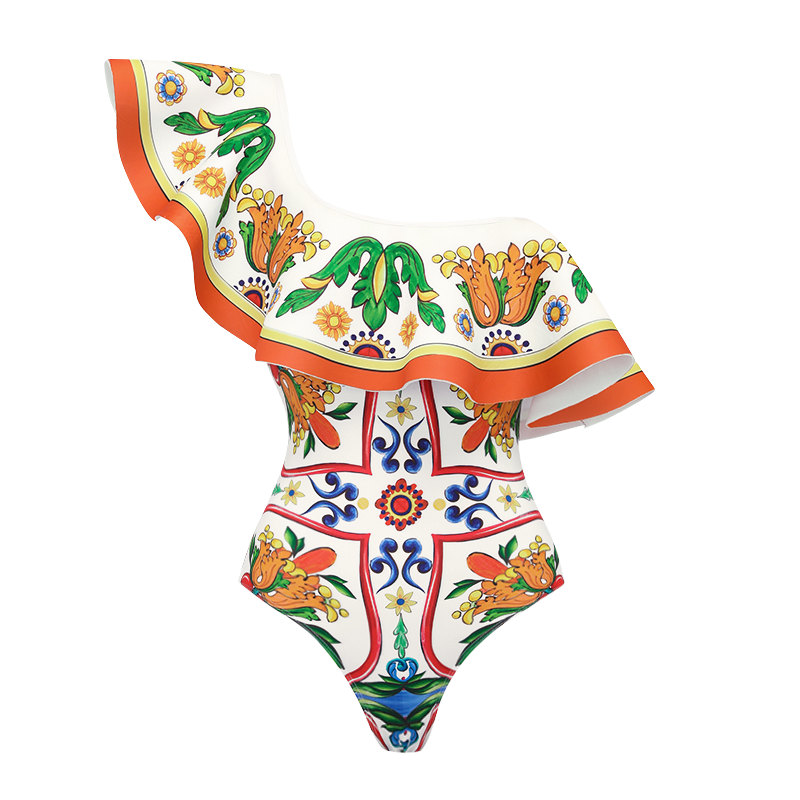 Plus Size One Shoulder Ruffle Paisley-print One Piece Swimsuit and Sarong or Pants