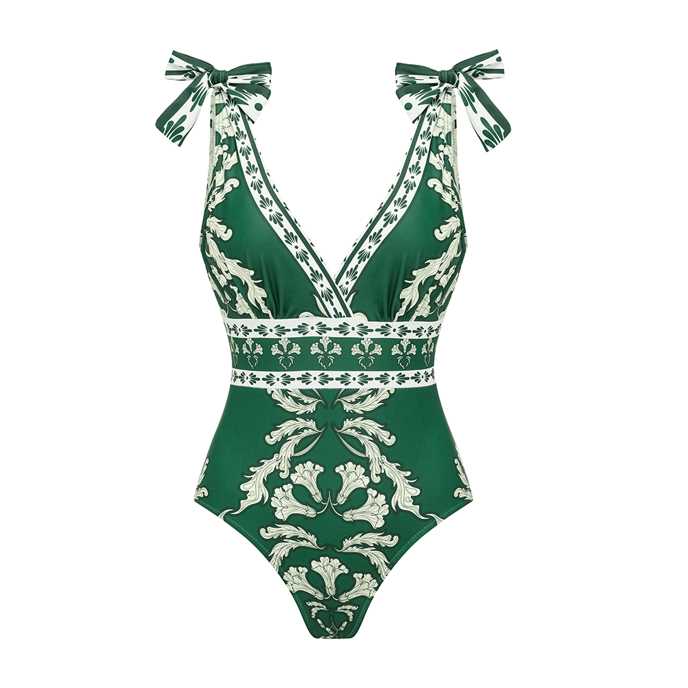 Plus Size V Neck Lace Up Printed One Piece Swimsuit and Skirt