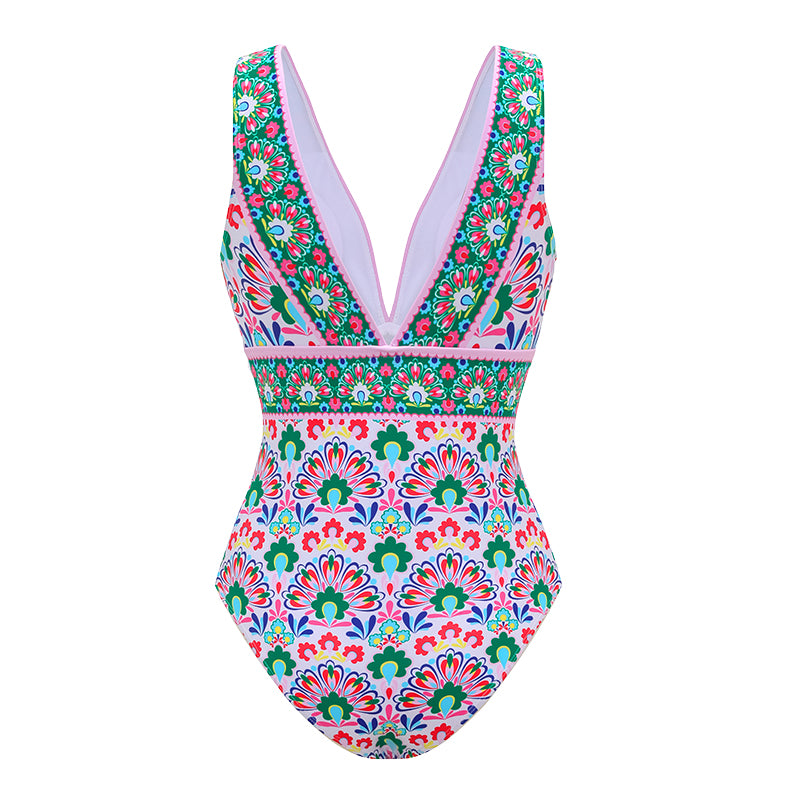Plus Size V Neck Printed One Piece Swimsuit and Skirt