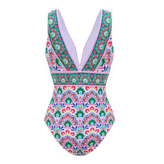 Plus Size V Neck Printed One Piece Swimsuit and Skirt