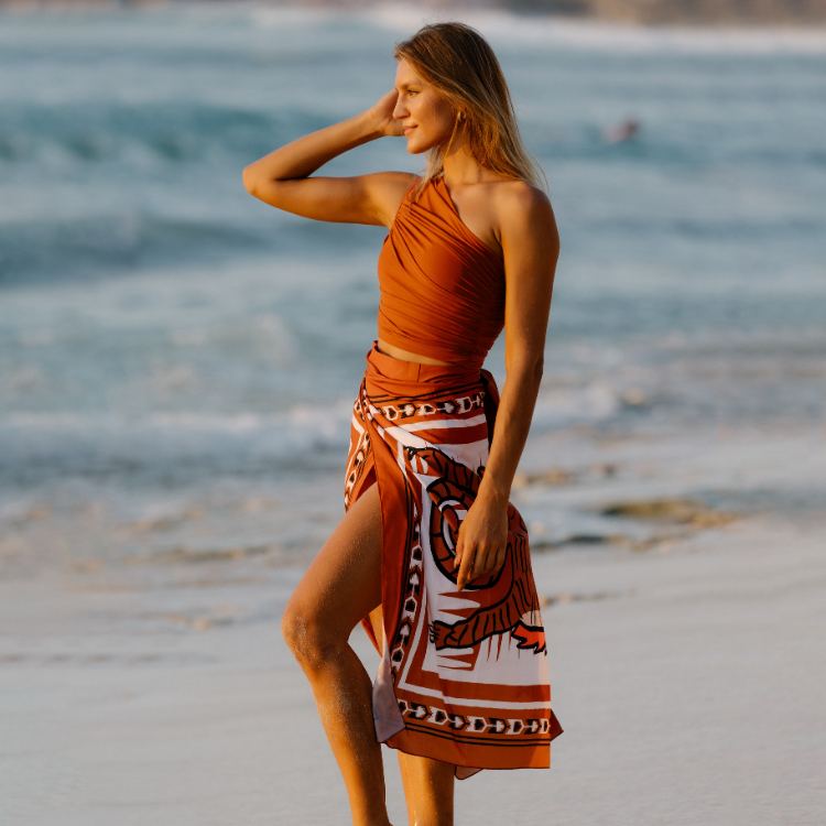 Plus Size One Shoulder Ruched Rust High Waist Bikini Swimsuit and Sarong Flaxmaker