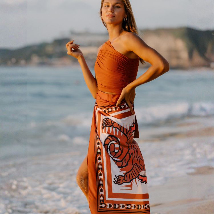 Plus Size One Shoulder Ruched Rust High Waist Bikini Swimsuit and Sarong Flaxmaker