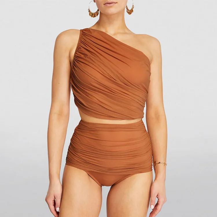 Plus Size One Shoulder Ruched Rust High Waist Bikini Swimsuit and Sarong Flaxmaker