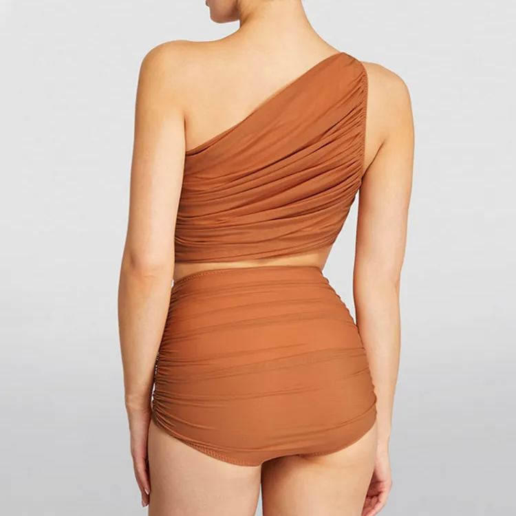 Plus Size One Shoulder Ruched Rust High Waist Bikini Swimsuit and Sarong Flaxmaker