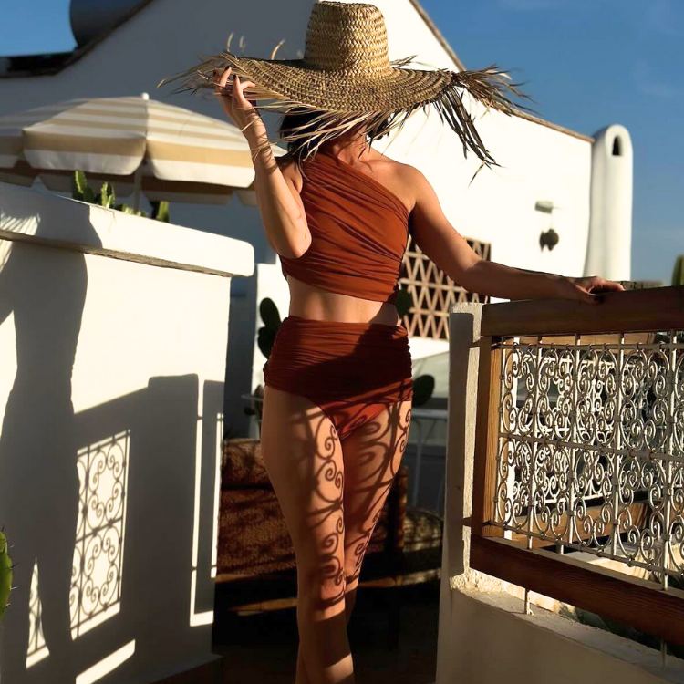 Plus Size One Shoulder Ruched Rust High Waist Bikini Swimsuit and Sarong Flaxmaker