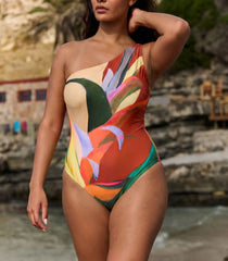 Plus Size One Shoulder Printed One Piece Swimsuit and Skirt