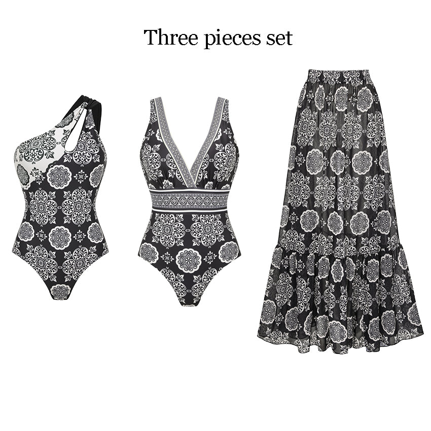 V Neck Black Retro Printed Swimsuit Set(s)