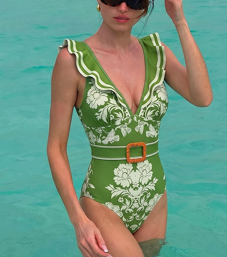 V Neck Ruffle Green Retro Printed Swimsuit Set(s)
