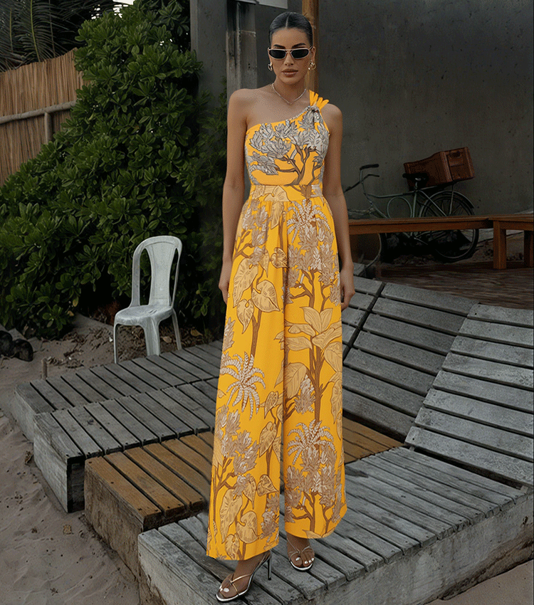 Plus Size One Shoulder Yellow Printed Swimsuit Set(s)