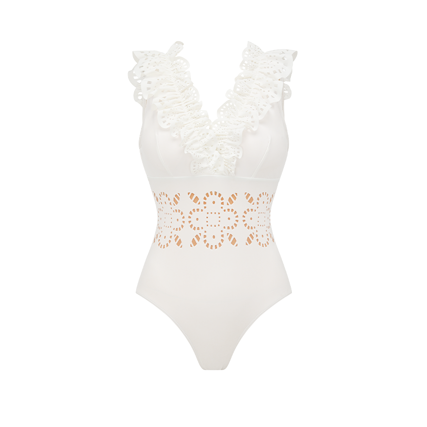 Ruffle White Laser Cutting Flower Hollow Swimsuit Set(s)
