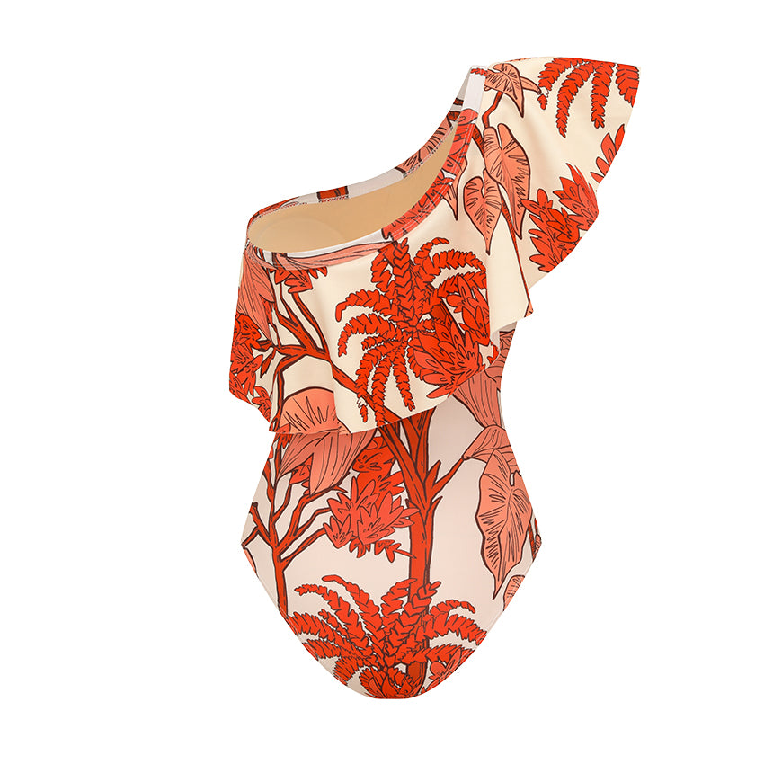 One Shoulder Ruffle Plant Print Swimsuit Set(s)