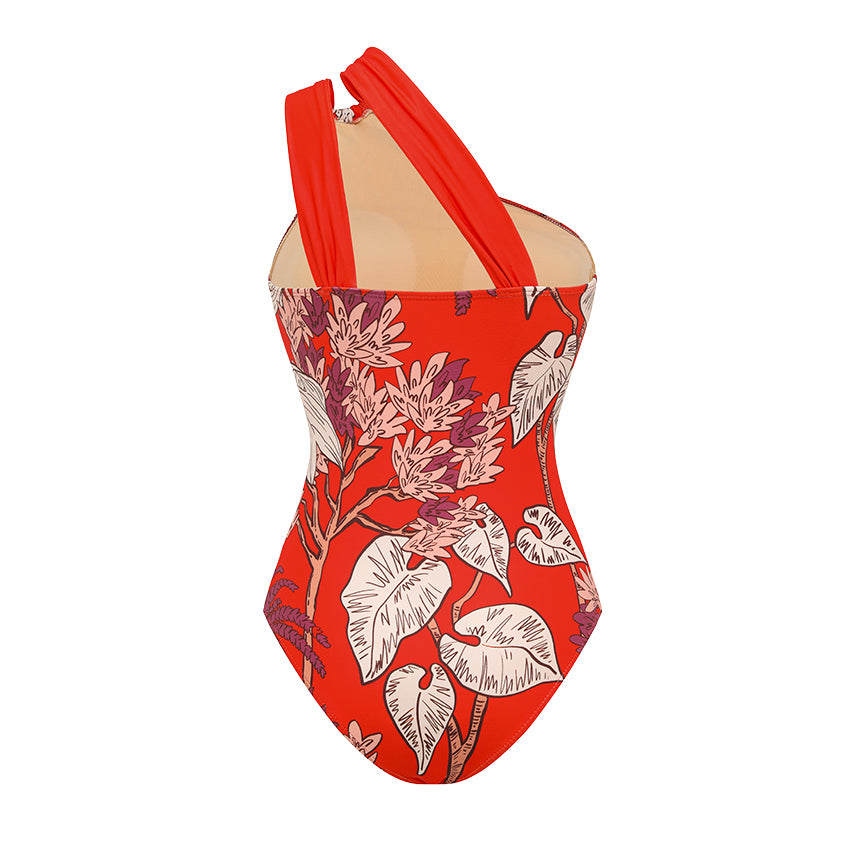 Plus Size One Shoulder Red Plant Print Swimsuit Set(s)