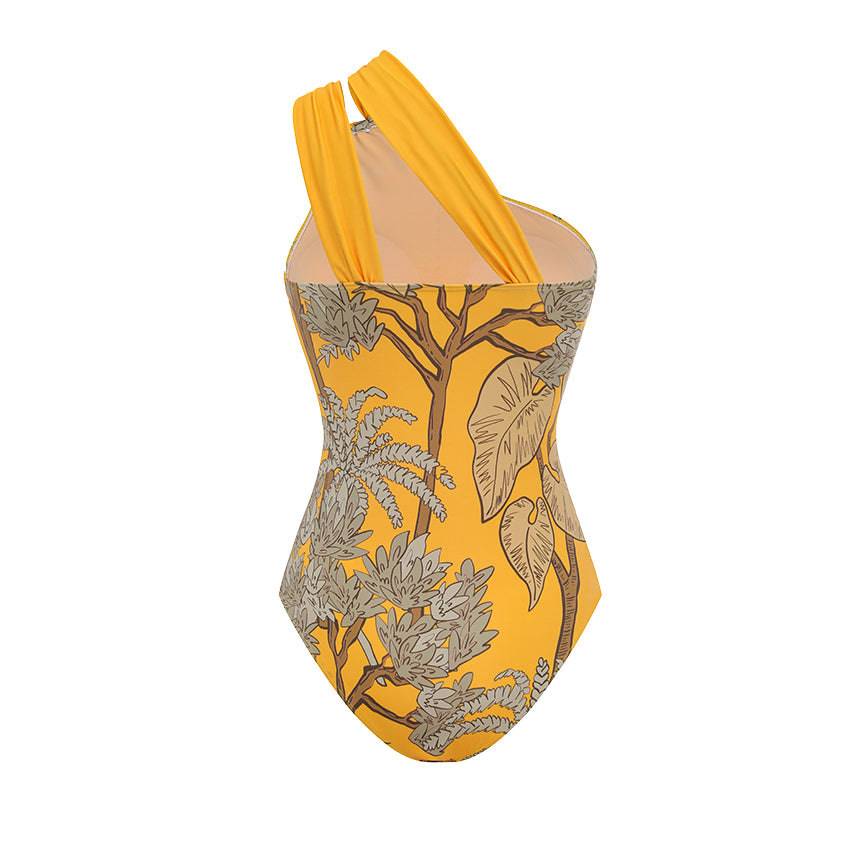 Plus Size One Shoulder Yellow Printed Swimsuit Set(s)