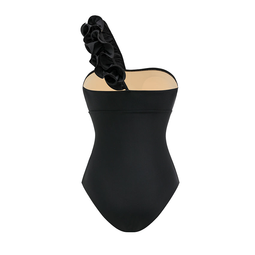 Plus Size One Shoulder Ruffle Black Laser Cutting Flower Swimsuit Set(s)