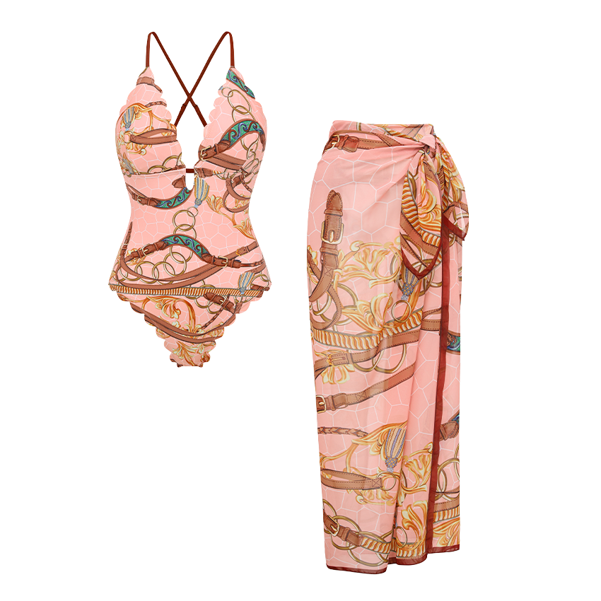 V Neck Lace Printed Swimsuit Set(s)