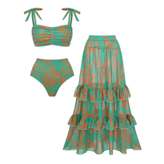Bandage Bowknot Design Color Block Printed Swimsuit Set(s)