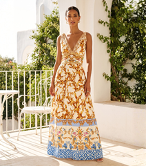 Gold Baroque-print lace-up V-neck maxi dress